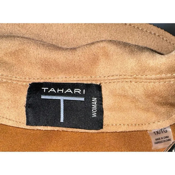 Tahari Woman Brown Suede Faux Leather Open Front Long Jacket Shacket Size 1X - Picture 8 of 8